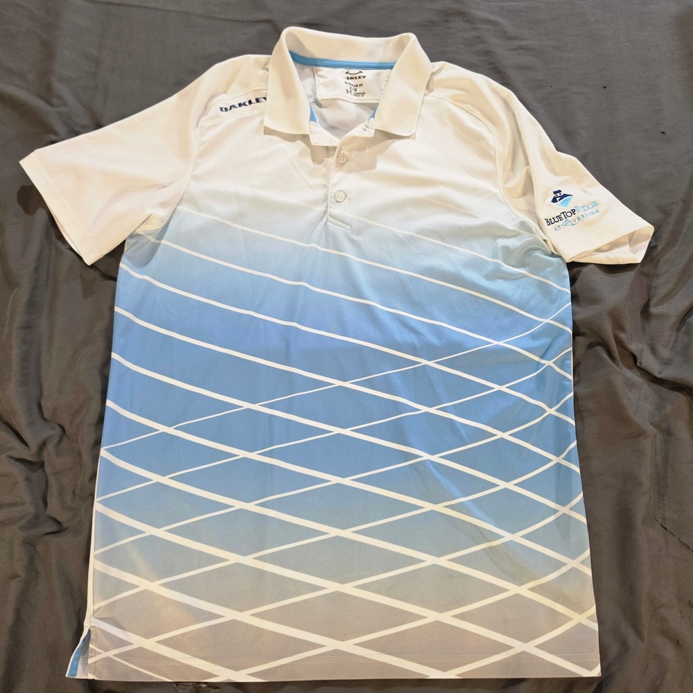 Oakley Golf Polo Shirt Mens Large White Blue Gradient O-Hydrolix Regular Fit